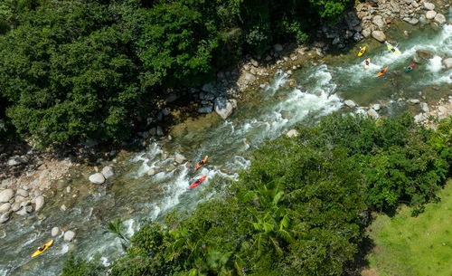 Kayakers going down the river in the kayak course of beginner to kayaker