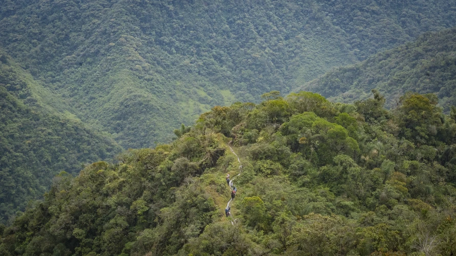Group of hikers on top of a mountain in the valle de las cascadas, antioquia, colombia