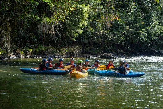 Fun kayak circle and games on the Santo Domingo River, Antioquia Colombia
