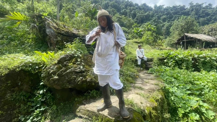 Kogui man chewing coca leaves from a traditional mochila